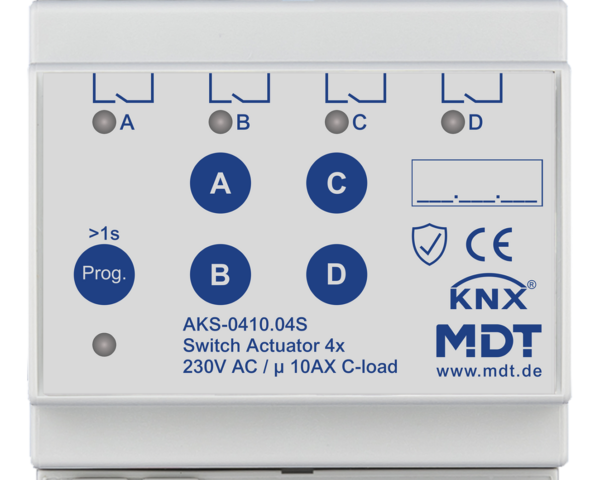 MDT Actionneur 4 sorties KNX, 4 modules, 10 A, 230 V CA, charge capacitive, standard