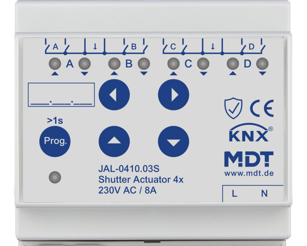 MDT Actionneur de stores et volets roulants 4 sorties KNX, 4 modules, 8 A, 230 V CA.