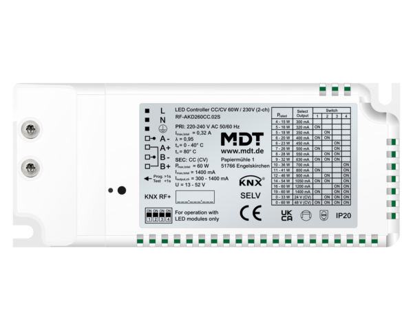 MDT Contrôleur LED CC/VC KNX 60 W RF+ radio / 230 V 2 sorties, Secure