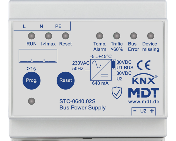 MDT Alimentation bus KNX avec fonction de diagnostic, 4 modules, 640 mA.