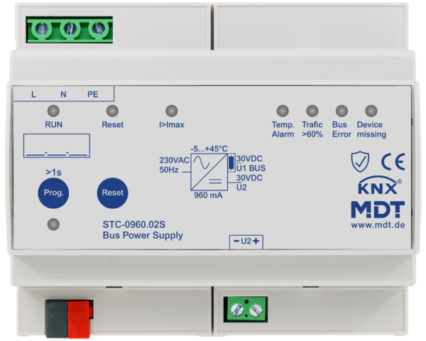 MDT Alimentation bus KNX avec fonction de diagnostic, 6 modules, 960 mA.