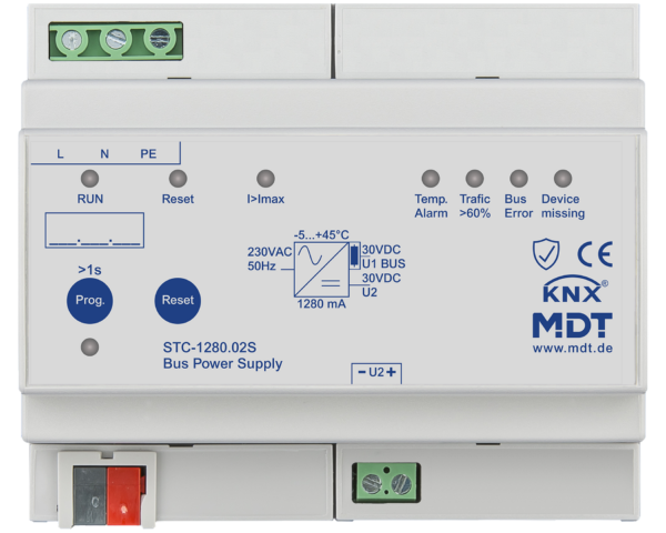 MDT Alimentation bus KNX avec fonction de diagnostic, 6 modules, 1 280 mA.