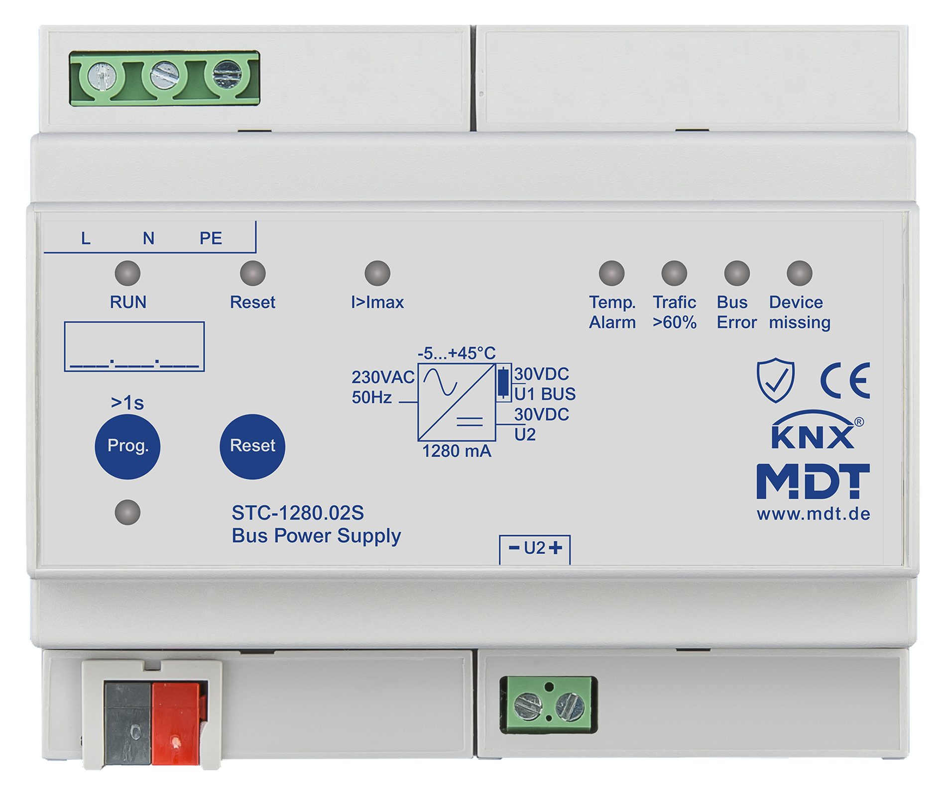 MDT Alimentation bus KNX avec fonction de diagnostic, 6 modules, 1 280 mA.