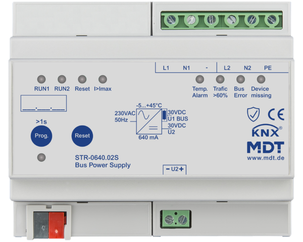 MDT Alimentation bus KNX redondante avec diagnostic, 6 modules, 640 mA.